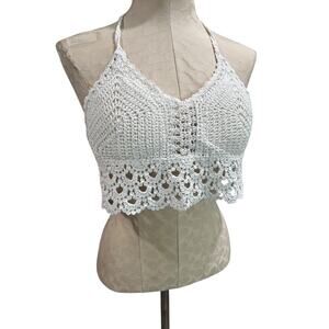 Small Crochet White Tie Crop Top Boho Padded